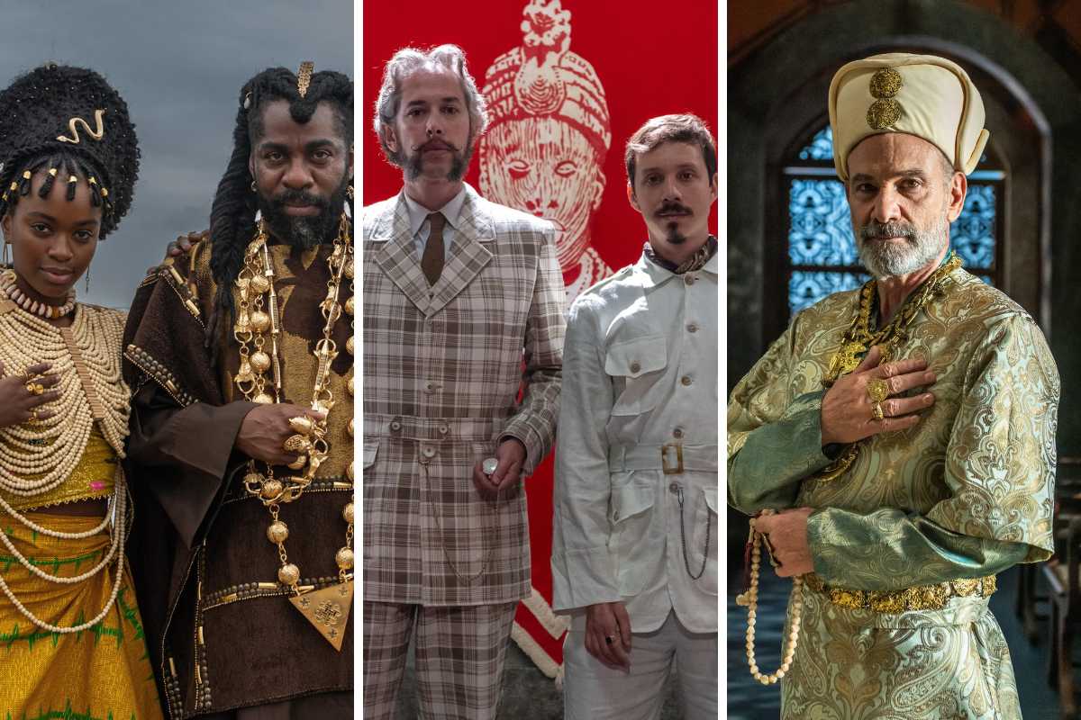 Fotomontagem de Jendal (Lázaro Ramos) e sua filha Kênia (Nikolly Fernandes), Mr. Campbell (Michel Blois) e Mr. Jones (João Pedro Zappa) e Paxá Soliman (Marco Ricca) em A Nobreza do Amor